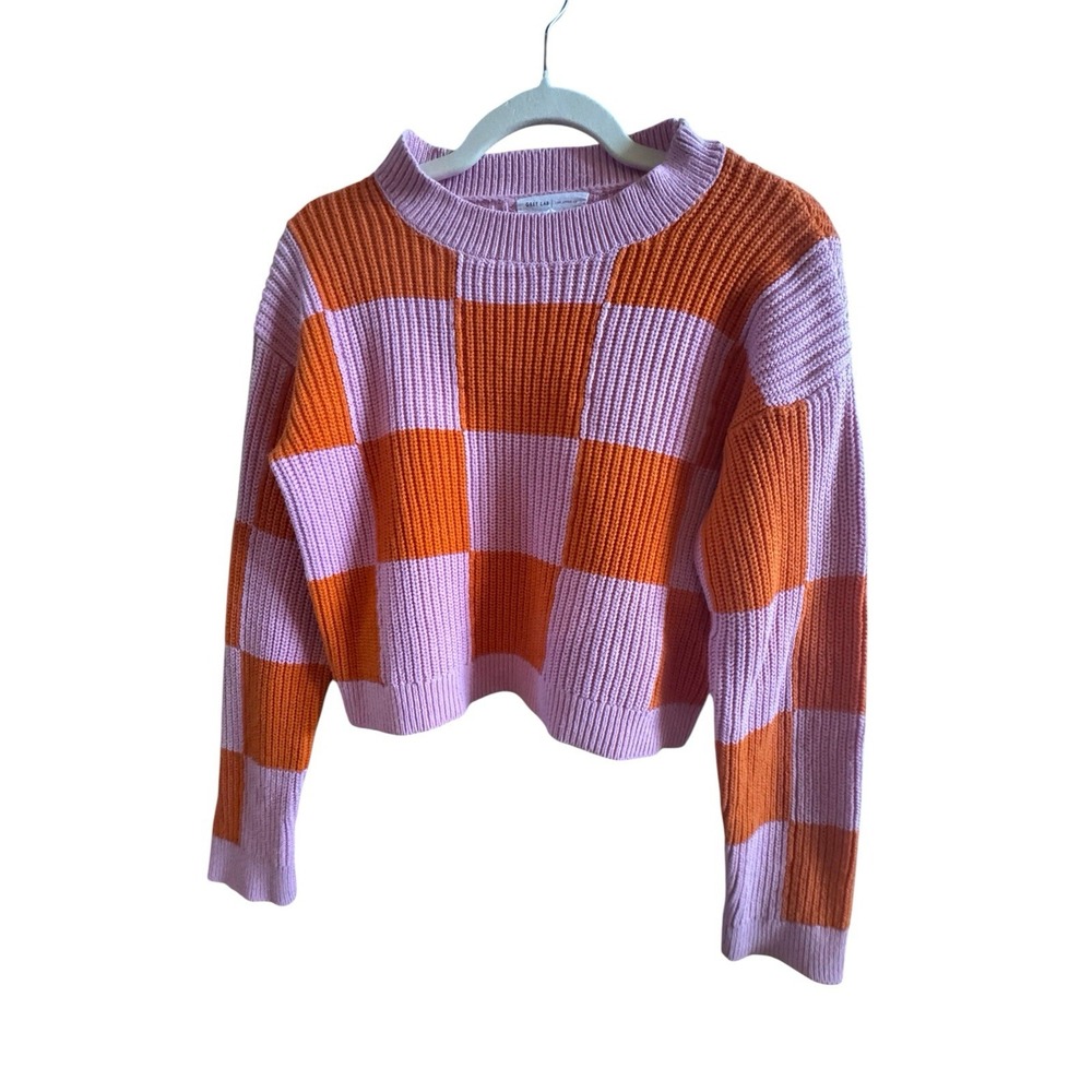 Grey Lab Pink Orange Checkerboard  Woman's Small Cropped Chunky Knit Sweater